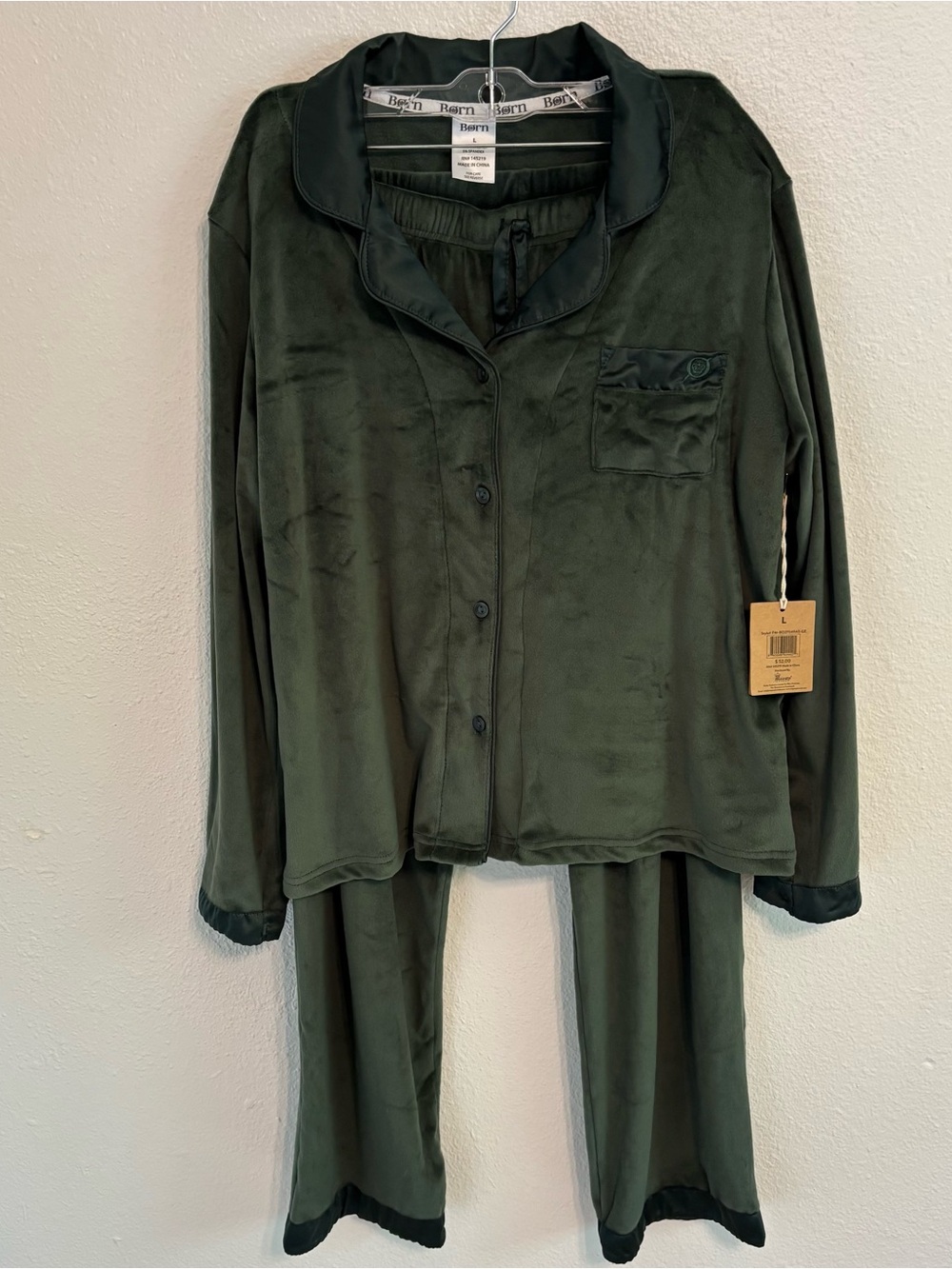 NWT Born L 2 piece pant pajamas olive green velvet loungewear cottagecore cozy